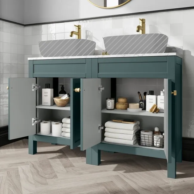 Bermuda Midnight Green Cabinet with Marble Top 1200mm Excludes Counter Top Basins - Brushed Brass Accents
