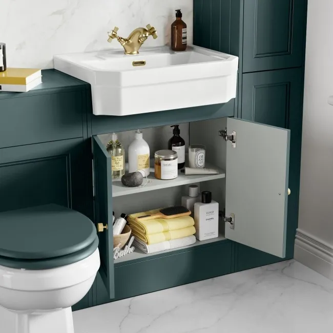 Monaco Midnight Green Traditional Basin Vanity 600mm - Brushed Brass Accents