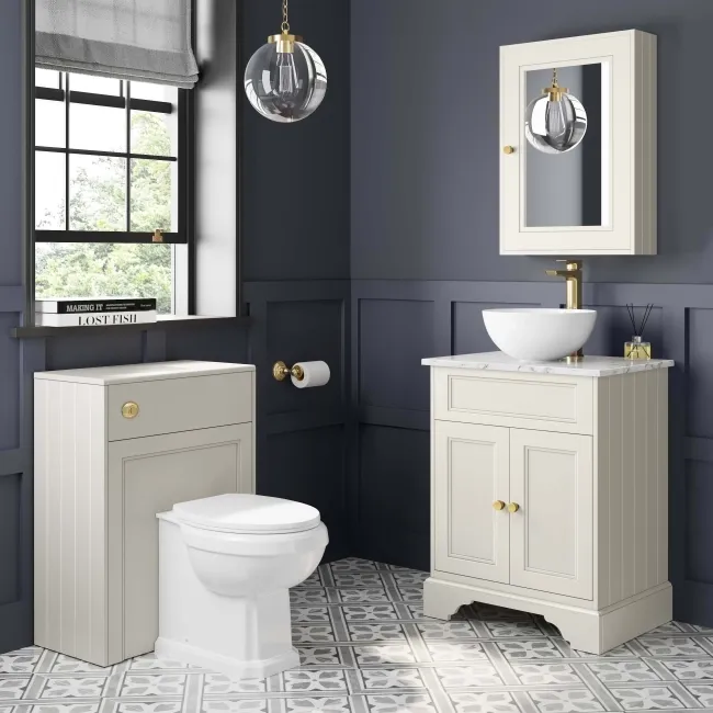 Lucia Chalk White Vanity with Marble Top & Round Counter Top Basin 640mm - Brushed Brass Accents