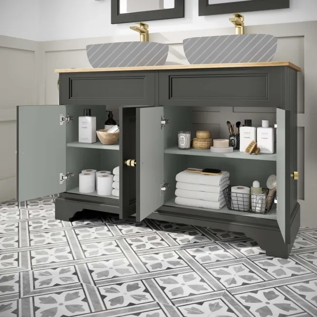 Lucia Graphite Grey Cabinet with Oak Effect Top 1200mm (Excludes Counter Top Basins) - Brushed Brass Accents