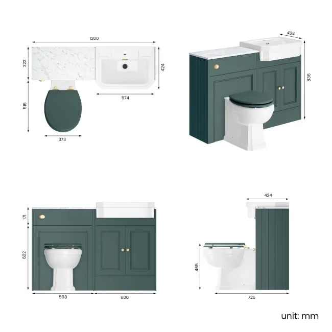 Monaco Midnight Green Combination Vanity Traditional Basin with Marble Top & Hudson Toilet with Wooden Seat 1200mm - Brushed Brass Accents