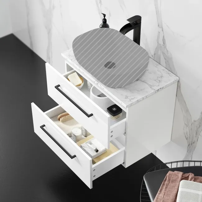 Elba Gloss White Wall Hung Drawer 600mm Excludes Counter Top Basin - Black Accents