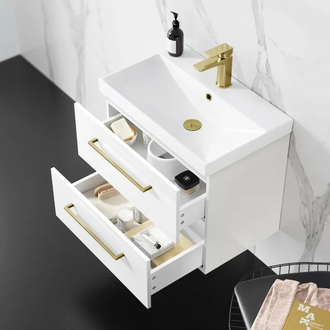 Elba Gloss White Wall Hung Basin Drawer Vanity 600mm - Brushed Brass Accents