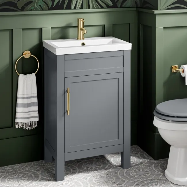 Bermuda Dove Grey Basin Vanity 500mm - Brass Knurled Handles