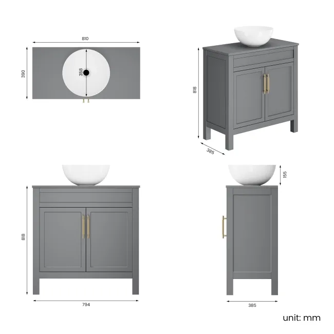 Bermuda Dove Grey Vanity with Round Counter Top Basin 800mm - Brass Knurled Handles