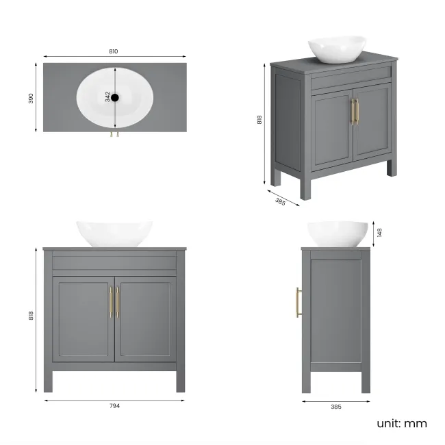 Bermuda Dove Grey Vanity with Oval Counter Top Basin 800mm - Brass Knurled Handles