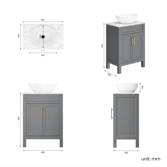 Bermuda Dove Grey Vanity with Marble Top & Oval Counter Top Basin 600mm - Brass Knurled Handles