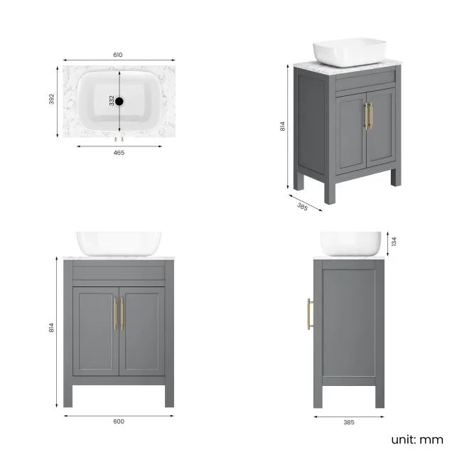 Bermuda Dove Grey Vanity with Marble Top & Curved Counter Top Basin 600mm - Brass Knurled Handles