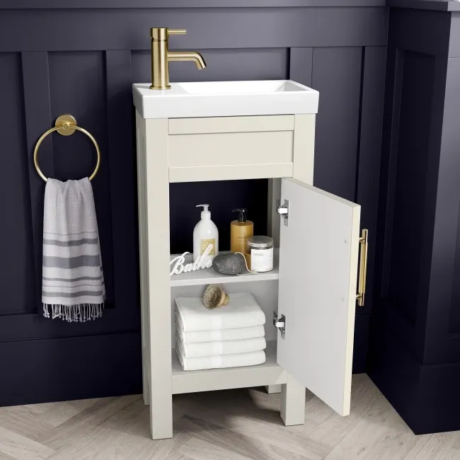 Bermuda Chalk White Cloakroom Basin Vanity 400mm - Brass Knurled Handles