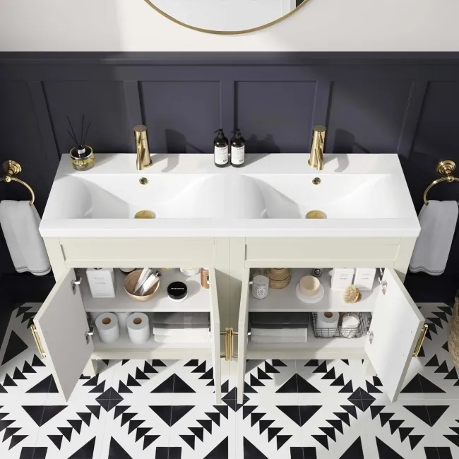 Bermuda Chalk White Double Basin Vanity 1200mm - Brass Knurled Handles