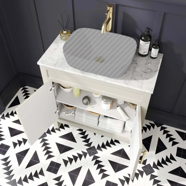 Bermuda Chalk White Cabinet with Marble Top 800mm Excludes Counter Top Basin - Brass Knurled Handles