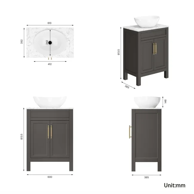 Bermuda Graphite Grey Vanity with Marble Top & Oval Counter Top Basin 600mm - Brass Knurled Handles