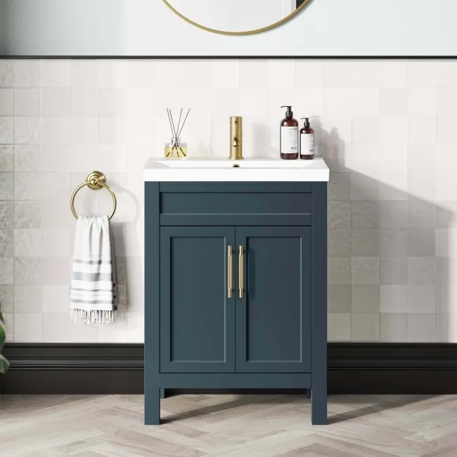 Bermuda Inky Blue Basin Vanity 600mm - Brass Knurled Handles