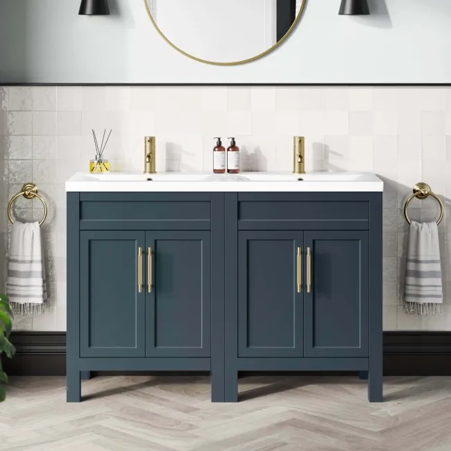 Bermuda Inky Blue Double Basin Vanity 1200mm - Brass Knurled Handles