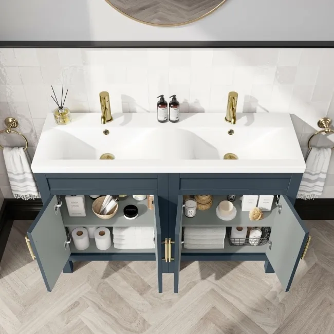Bermuda Inky Blue Double Basin Vanity 1200mm - Brass Knurled Handles