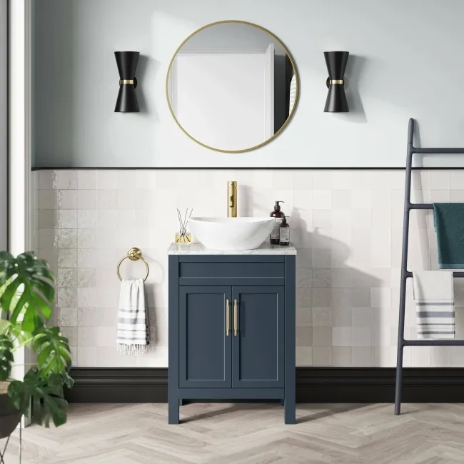 Bermuda Inky Blue Vanity with Marble Top & Oval Counter Top Basin 600mm - Brass Knurled Handles