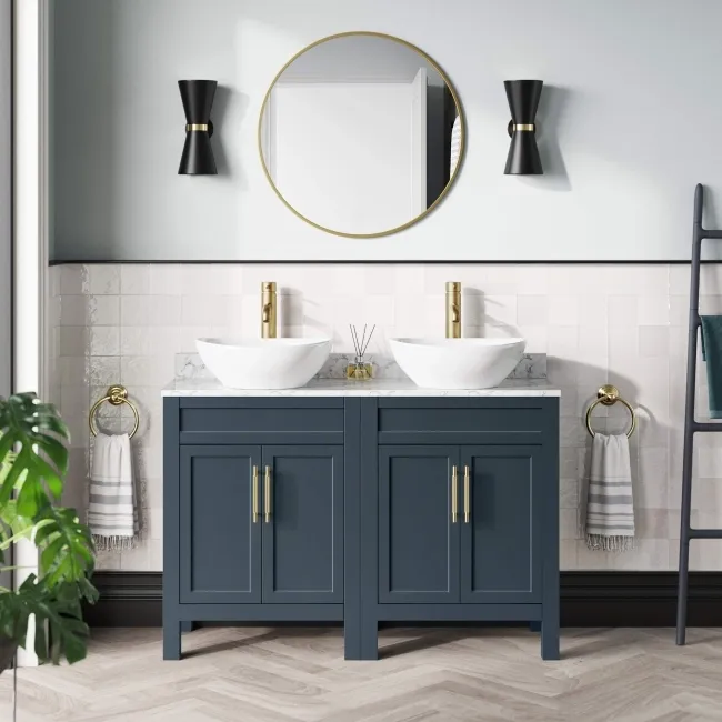 Bermuda Inky Blue Vanity with Marble Top & Oval Counter Top Basin 1200mm - Brass Knurled Handles