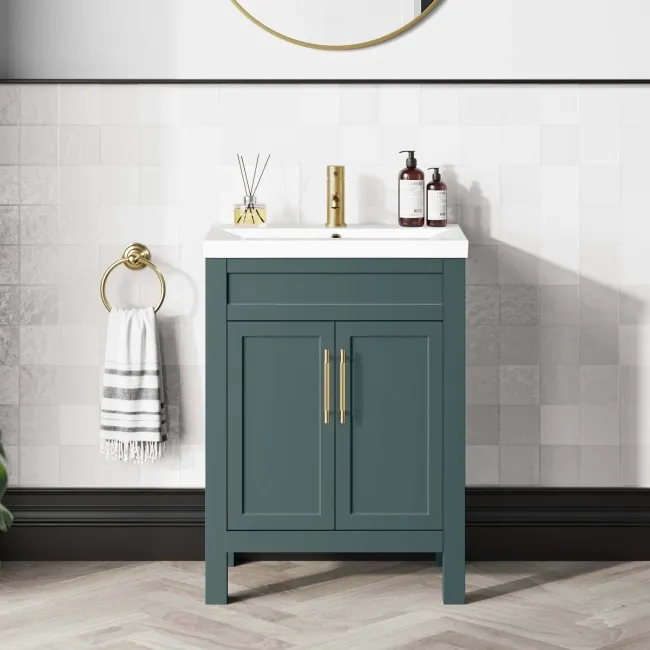 Bermuda Midnight Green Basin Vanity 600mm - Brass Knurled Handles