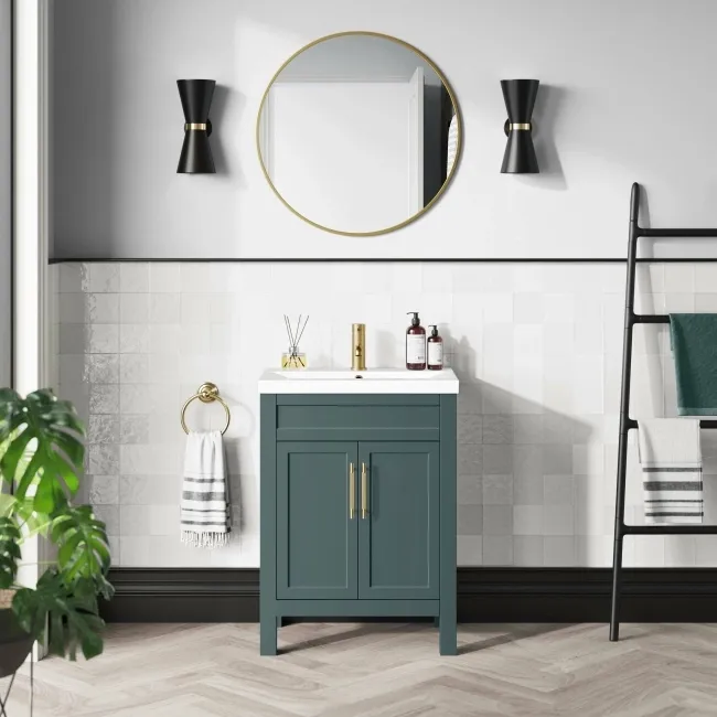 Bermuda Midnight Green Basin Vanity 600mm - Brass Knurled Handles