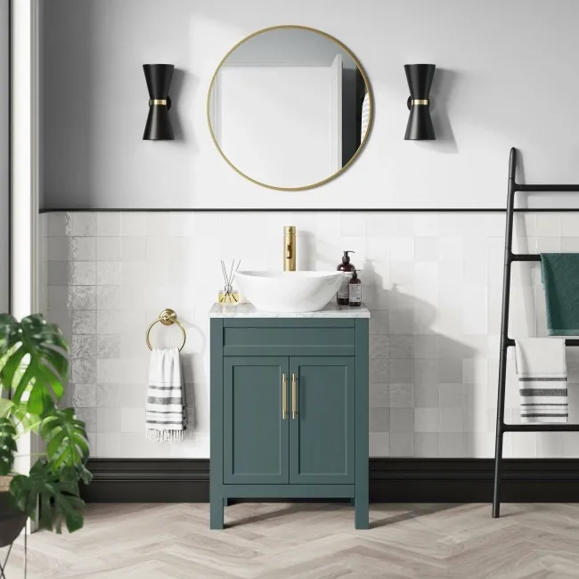Bermuda Midnight Green Vanity with Marble Top & Oval Counter Top Basin 600mm - Brass Knurled Handles
