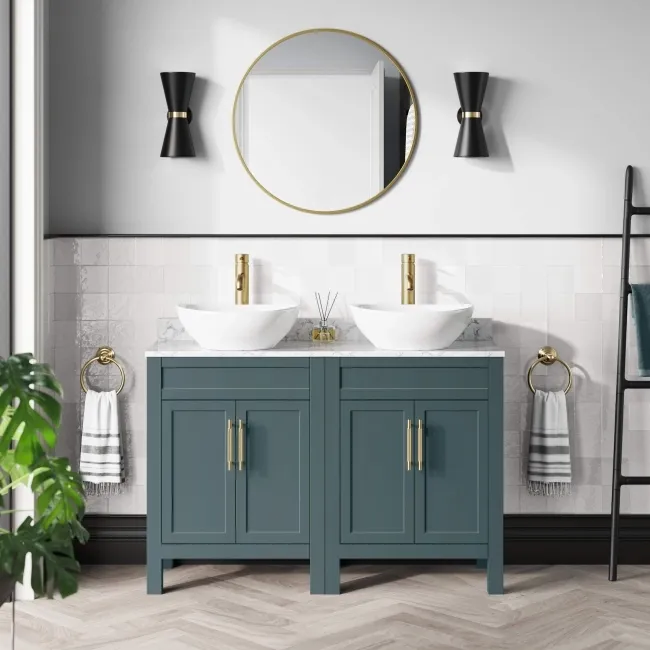 Bermuda Midnight Green Vanity with Marble Top & Oval Counter Top Basin 1200mm - Brass Knurled Handles