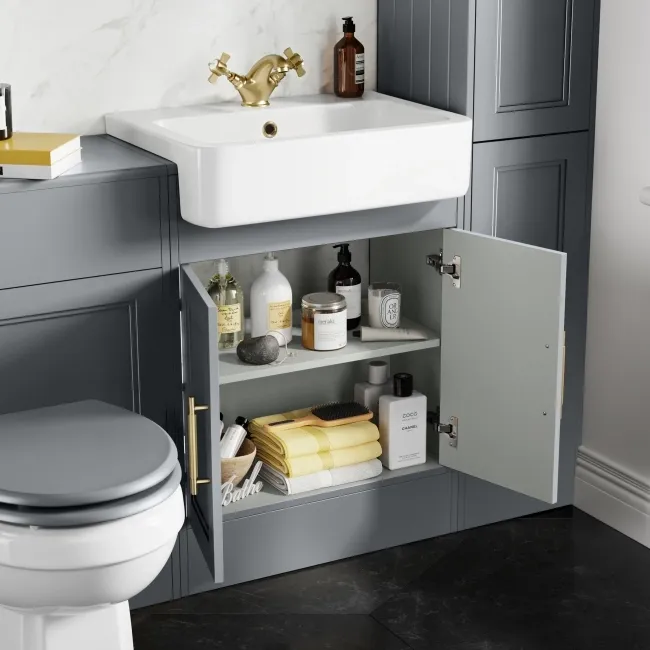 Monaco Dove Grey Basin Vanity 600mm - Brass Knurled Handles