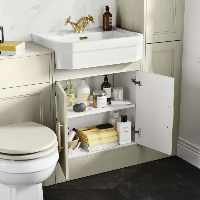 Monaco Chalk White Traditional Basin Vanity 600mm - Brass Knurled Handles