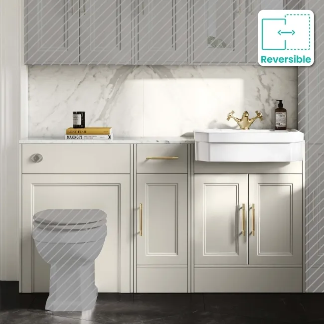 Monaco Chalk White Combination Vanity Traditional Basin with Marble Top 1500mm (Excludes Pan & Cistern) - Brass Knurled Handles