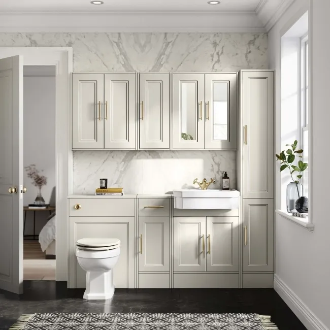 Monaco Chalk White Floor Standing Tall Cabinet Unit 300mm - Brass Knurled Handles