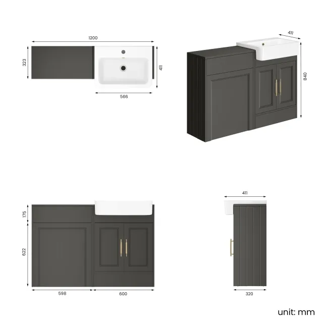 Monaco Graphite Grey Basin Vanity and Back To Wall Unit 1200mm (Excludes Pan & Cistern) - Brass Knurled Handles
