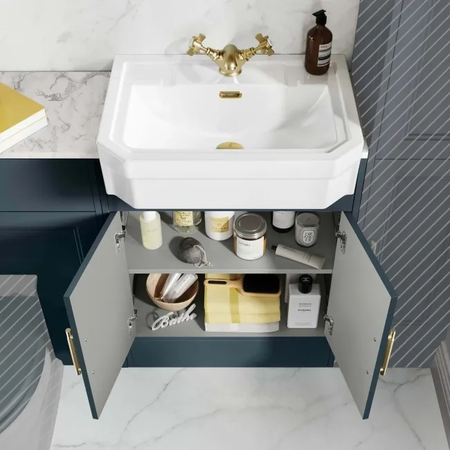 Monaco Inky Blue Combination Vanity Traditional Basin with Marble Top 1200mm (Excludes Pan & Cistern) - Brass Knurled Handles