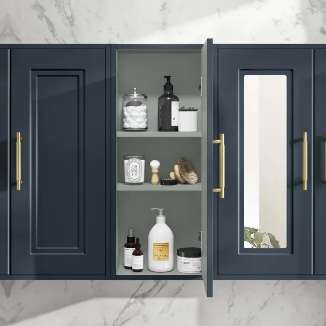 Inky Blue Wall Hung Cabinet 700x300mm - Brass Knurled Handles
