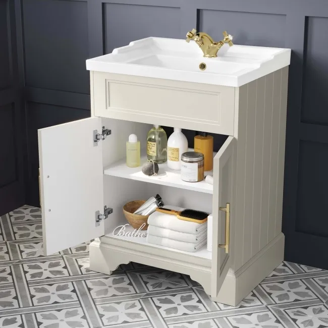Lucia Chalk White Basin Vanity 630mm - Brass Knurled Handles