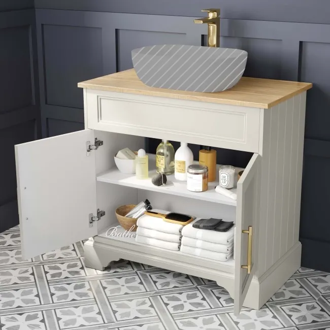 Lucia Chalk White Cabinet with Oak Effect Top 840mm (Excludes Counter Top Basin) - Brass Knurled Handles
