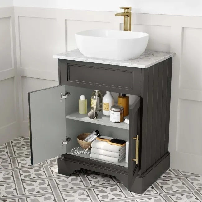 Lucia Graphite Grey Vanity with Marble Top & Curved Counter Top Basin 640mm - Brass Knurled Handles