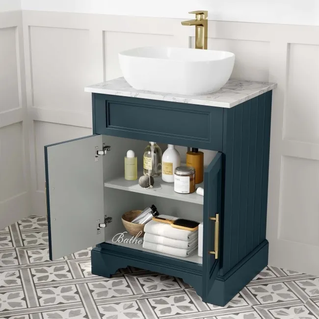 Lucia Inky Blue Vanity with Marble Top & Curved Counter Top Basin 640mm - Brass Knurled Handles