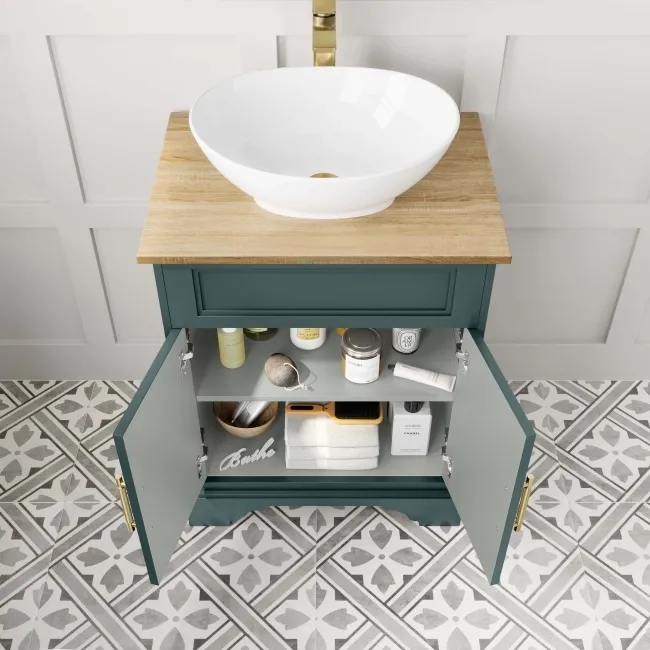 Lucia Midnight Green Vanity with Oak Effect Top & Oval Counter Top Basin 640mm - Brass Knurled Handles