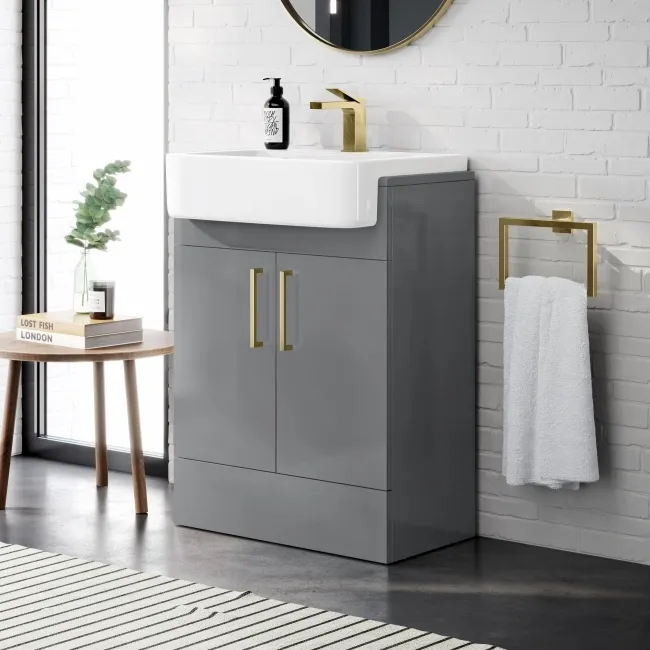 Harper Stone Grey Vanity with Semi Recessed Basin 600mm -Brushed Brass Accents