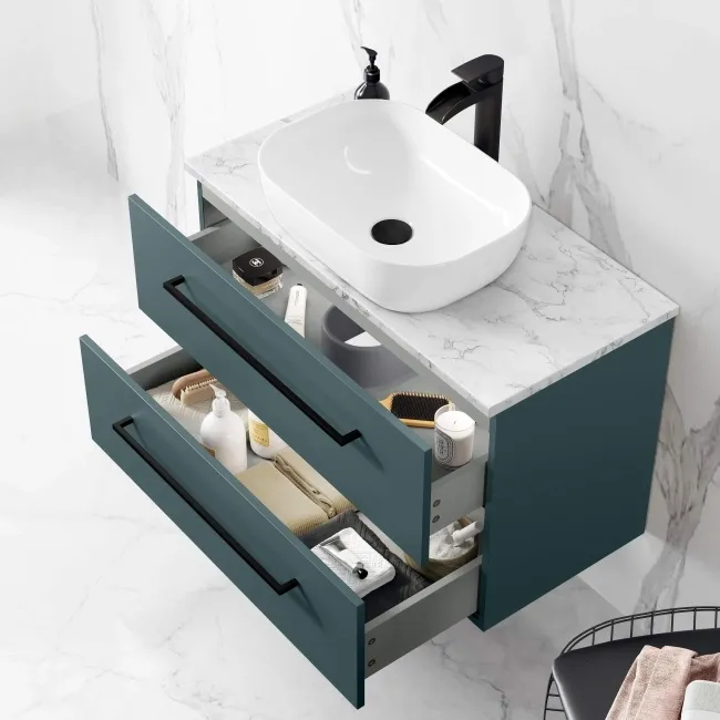 Elba Midnight Green Wall Hung Drawer Vanity with Marble Top & Curved Counter Top Basin 800mm - Black Accents