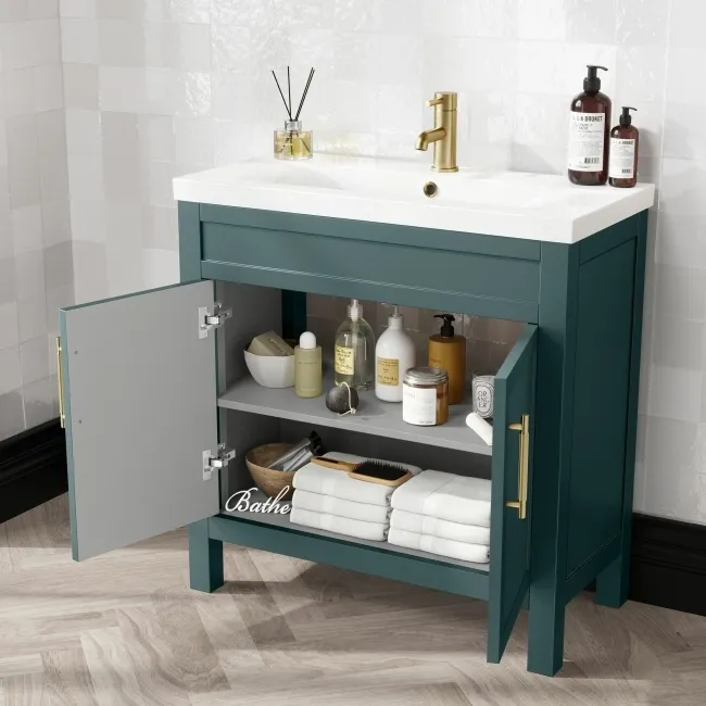 Bermuda Midnight Green Basin Vanity 800mm - Brass Knurled Handles
