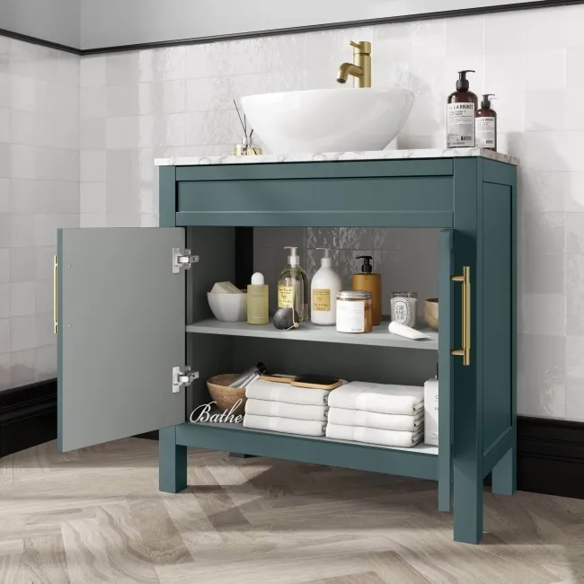 Bermuda Midnight Green Vanity with Marble Top & Oval Counter Top Basin 800mm - Brass Knurled Handles