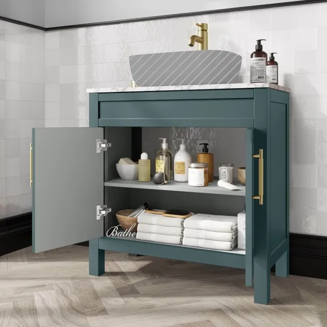 Bermuda Midnight Green Cabinet with Marble Top 800mm (Excludes Counter Top Basin) - Brass Knurled Handles