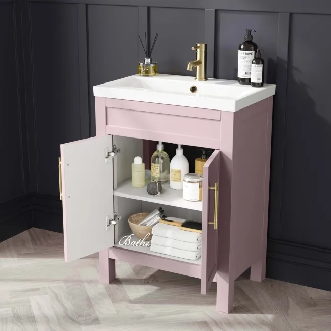 Bermuda Cashmere Pink Basin Vanity 600mm - Brass Knurled Handles