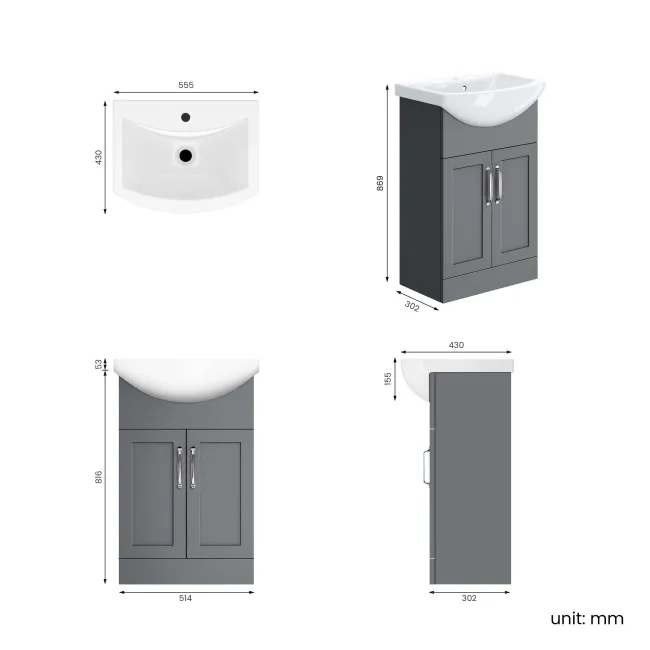 Capri Fog Grey Vanity with Semi Recessed Basin 550mm - Traditional Handles