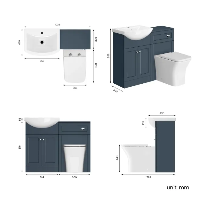 Capri Navy Blue Combination Vanity Basin and Houston Toilet 1050mm - Chrome Handles