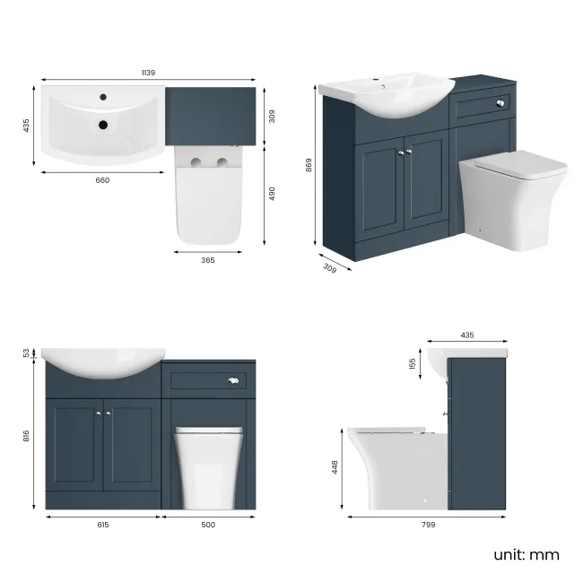 Capri Navy Blue Combination Vanity Basin and Houston Toilet 1150mm - Chrome Handles
