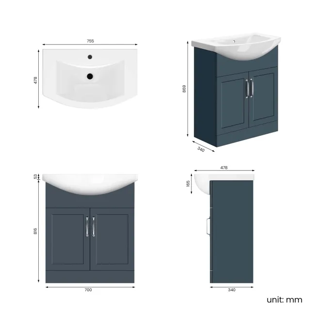 Capri Navy Blue Vanity with Semi Recessed Basin 750mm - Traditional Handles