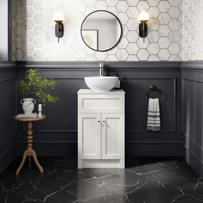 Milos Cotton White Vanity with Mesa Basin 500mm - Brushed Handles