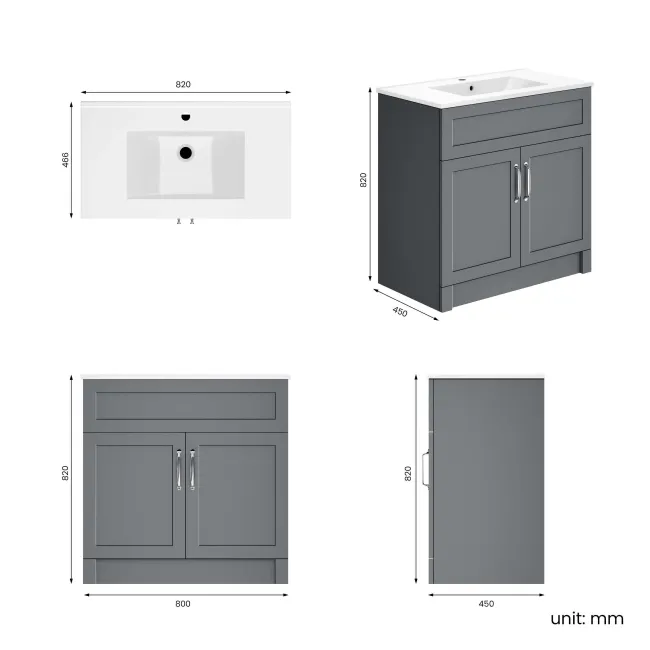 Milos Fog Grey Basin Vanity 800mm - Traditional Handles
