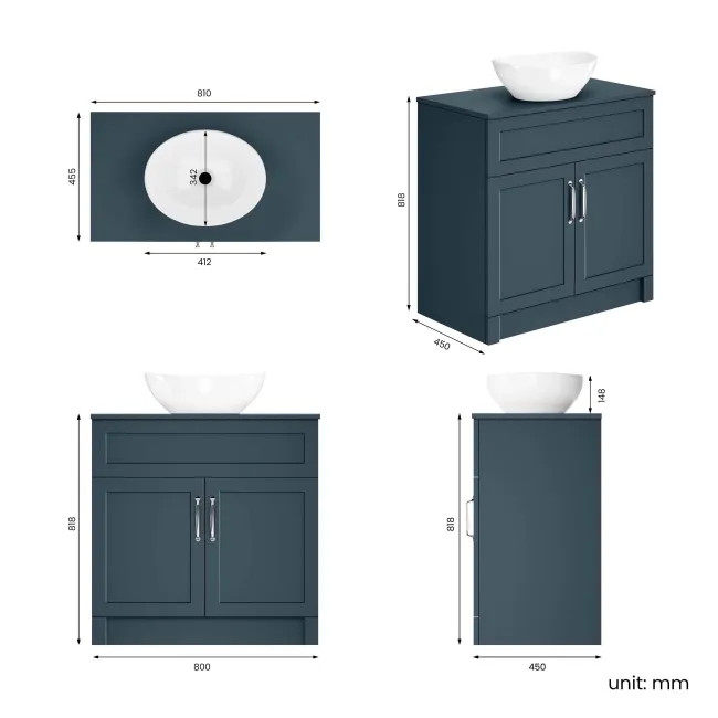 Milos Navy Blue Vanity with Oval Basin 800mm - Traditional Handles